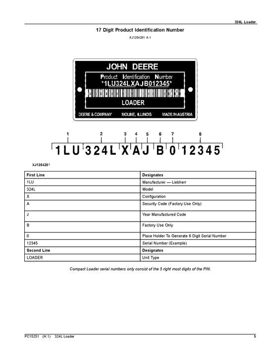 JOHN DEERE 324L LOADER PARTS CATALOG MANUAL