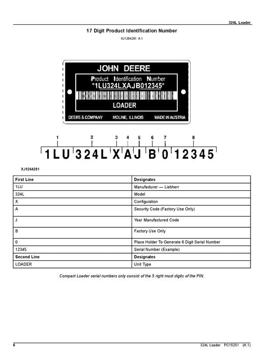 JOHN DEERE 324L LOADER PARTS CATALOG MANUAL