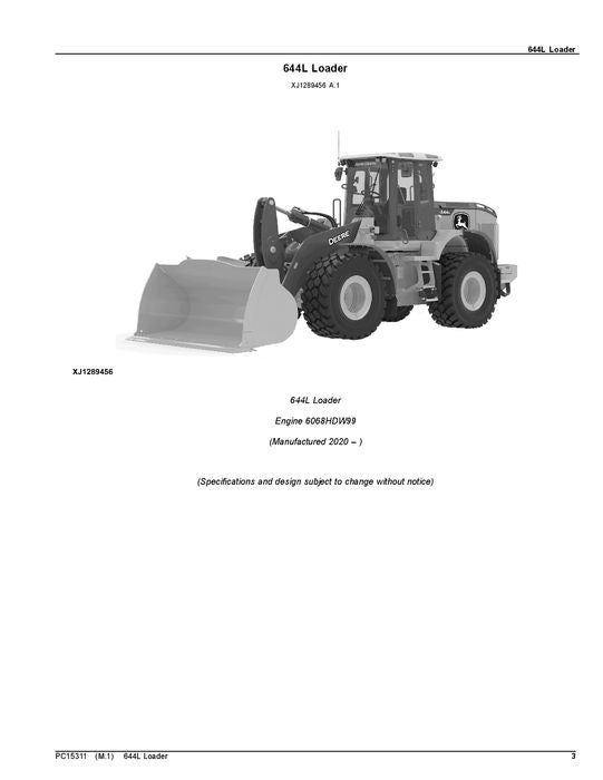 JOHN DEERE 644L LOADER PARTS CATALOG MANUAL