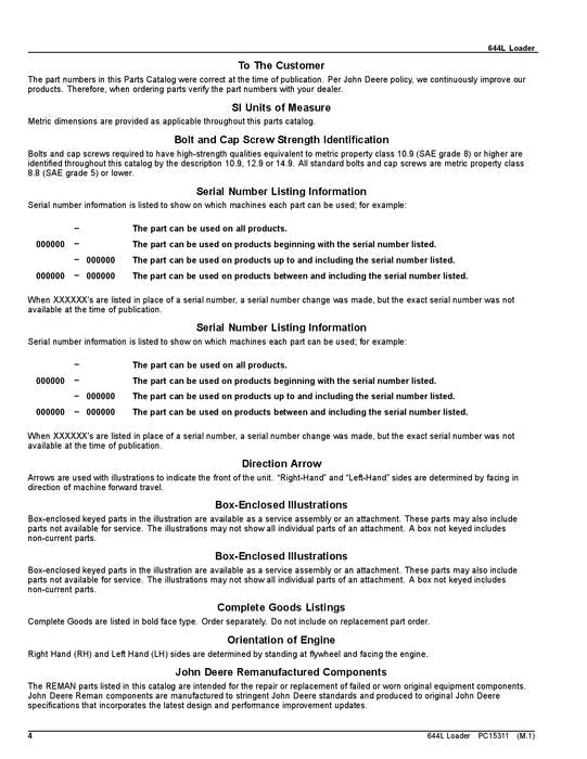 JOHN DEERE 644L LOADER PARTS CATALOG MANUAL