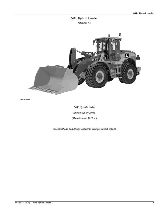 JOHN DEERE 644L HYBRID LOADER PARTS CATALOG MANUAL