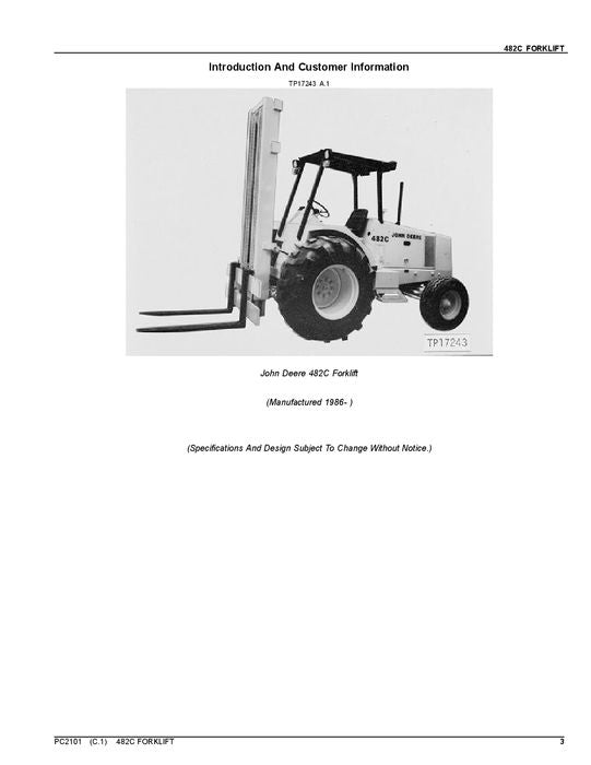 JOHN DEERE 482C FORKLIFT  PARTS CATALOG MANUAL