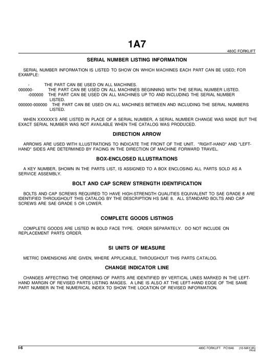 JOHN DEERE 480C FORKLIFT  PARTS CATALOG MANUAL