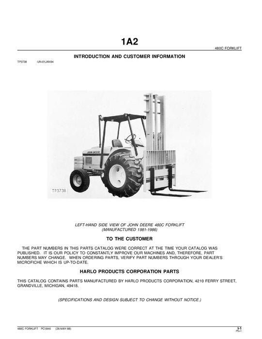 JOHN DEERE 480C FORKLIFT  PARTS CATALOG MANUAL