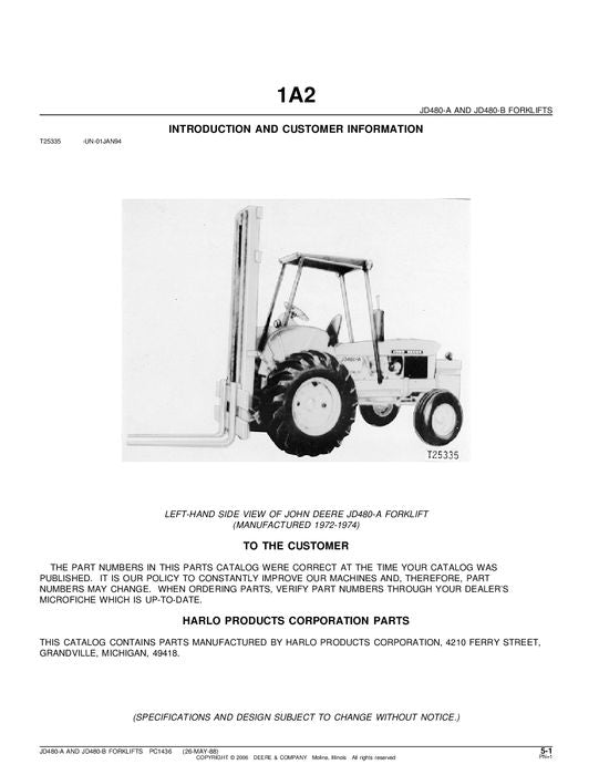 JOHN DEERE 480A 480B FORKLIFT  PARTS CATALOG MANUAL