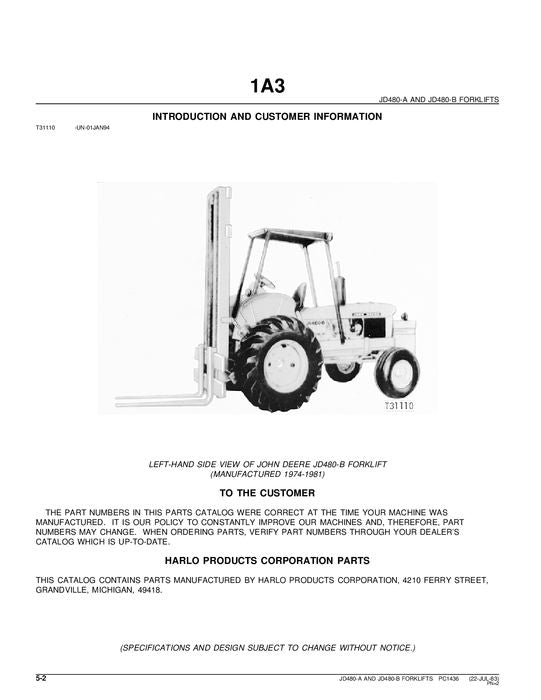 JOHN DEERE 480A 480B FORKLIFT  PARTS CATALOG MANUAL