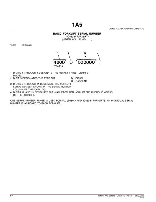 JOHN DEERE 480A 480B FORKLIFT  PARTS CATALOG MANUAL