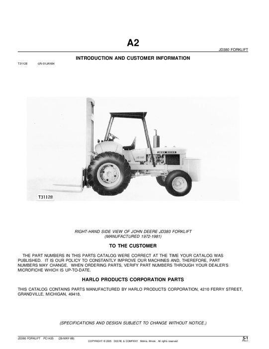 JOHN DEERE 380 FORKLIFT PARTS CATALOG MANUAL