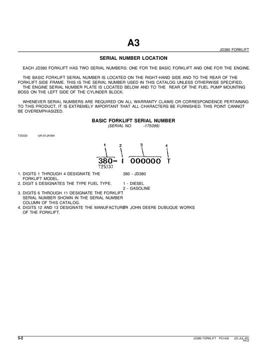 JOHN DEERE 380 FORKLIFT PARTS CATALOG MANUAL