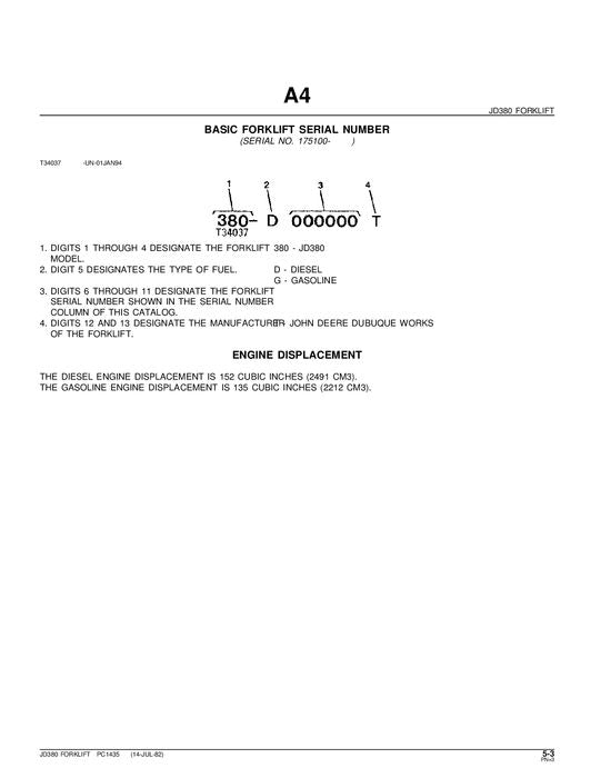 JOHN DEERE 380 FORKLIFT PARTS CATALOG MANUAL