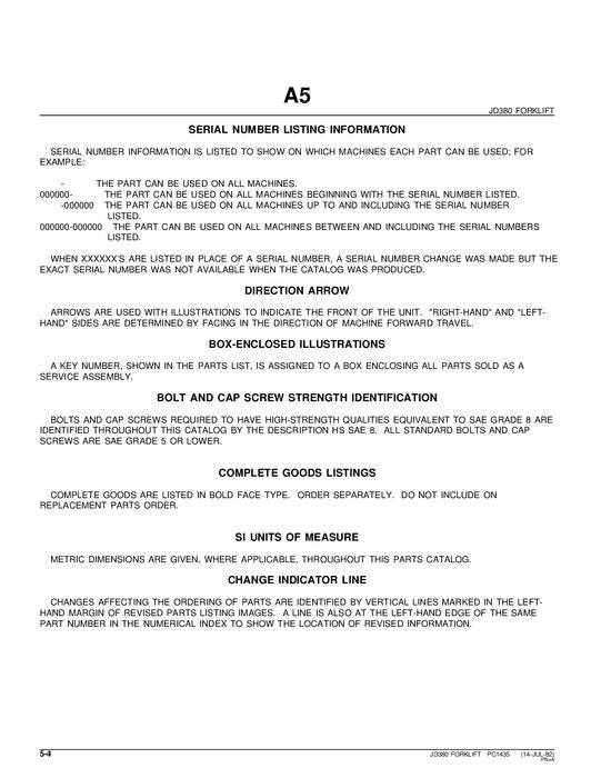 JOHN DEERE 380 FORKLIFT PARTS CATALOG MANUAL