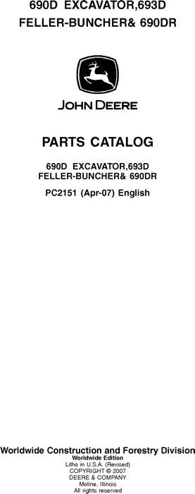 JOHN DEERE 690D 693D 690DR EXCAVATOR  PARTS CATALOG MANUAL