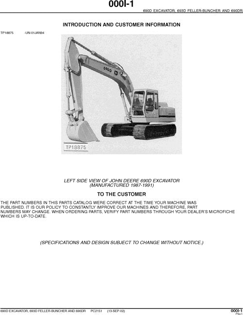 JOHN DEERE 690D 693D 690DR EXCAVATOR PARTS CATALOG MANUAL