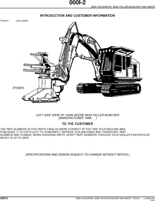 JOHN DEERE 690D 693D 690DR EXCAVATOR PARTS CATALOG MANUAL