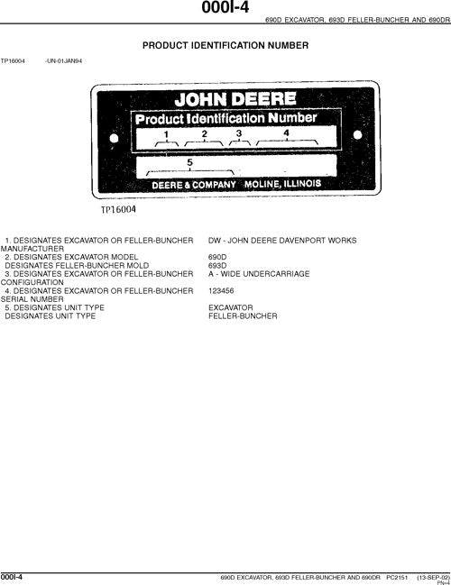 JOHN DEERE 690D 693D 690DR EXCAVATOR PARTS CATALOG MANUAL