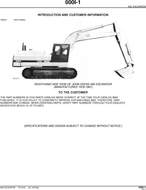 JOHN DEERE 890 EXCAVATOR PARTS CATALOG MANUAL