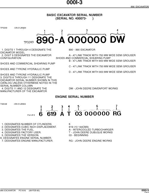 JOHN DEERE 890 EXCAVATOR PARTS CATALOG MANUAL