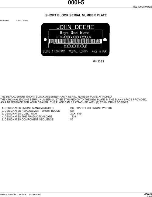 JOHN DEERE 890 EXCAVATOR PARTS CATALOG MANUAL