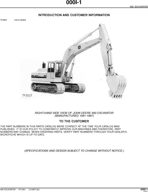 JOHN DEERE 990 EXCAVATOR PARTS CATALOG MANUAL