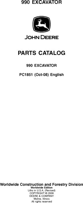 JOHN DEERE 990 EXCAVATOR  PARTS CATALOG MANUAL