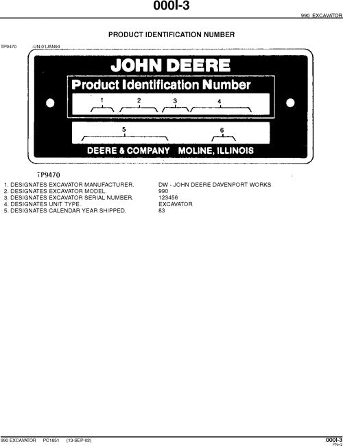 JOHN DEERE 990 EXCAVATOR PARTS CATALOG MANUAL