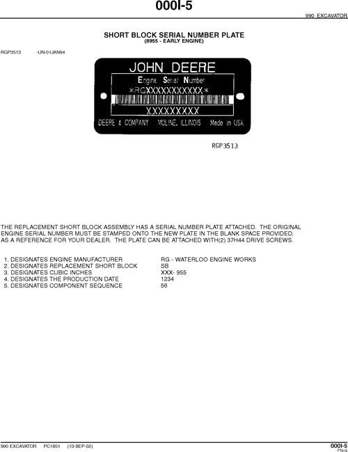 JOHN DEERE 990 EXCAVATOR PARTS CATALOG MANUAL