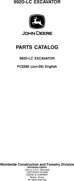 JOHN DEERE  992DLC EXCAVATOR  PARTS CATALOG MANUAL