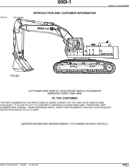 JOHN DEERE 992DLC EXCAVATOR PARTS CATALOG MANUAL