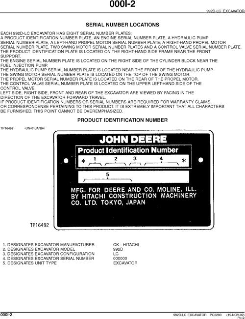 JOHN DEERE 992DLC EXCAVATOR PARTS CATALOG MANUAL