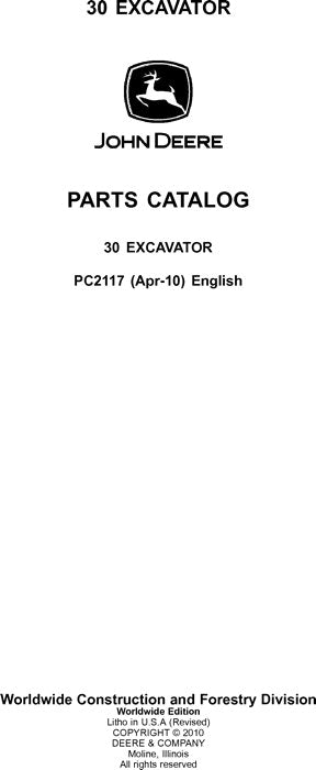 JOHN DEERE 30 EXCAVATOR  PARTS CATALOG MANUAL