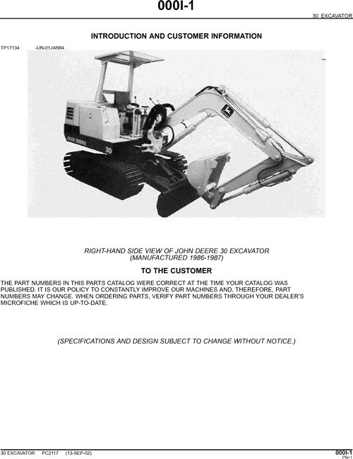 JOHN DEERE 30 EXCAVATOR PARTS CATALOG MANUAL