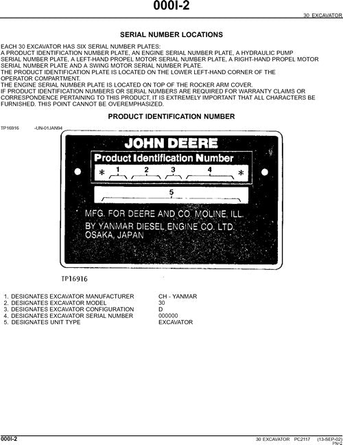 JOHN DEERE 30 EXCAVATOR PARTS CATALOG MANUAL