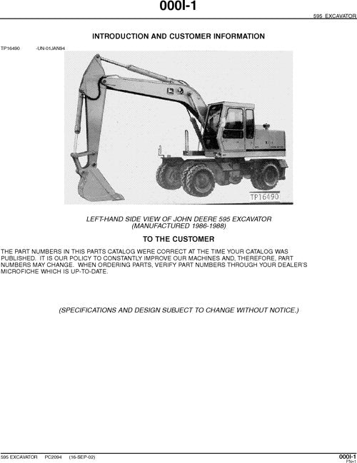 JOHN DEERE 595 EXCAVATOR PARTS CATALOG MANUAL