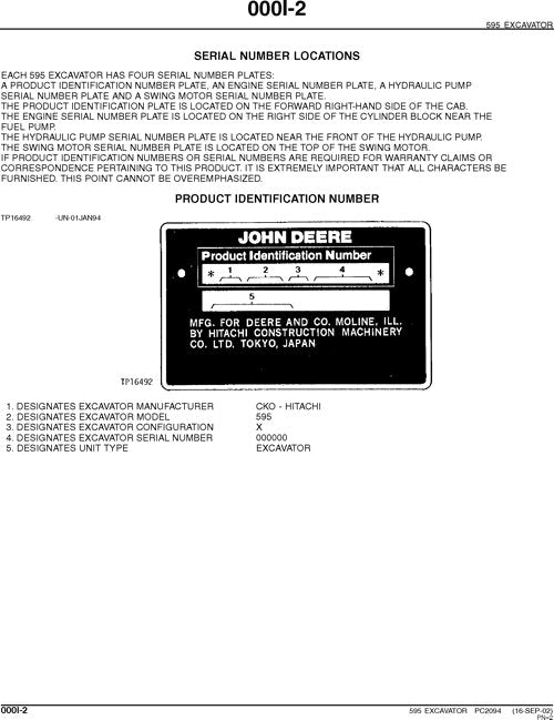 JOHN DEERE 595 EXCAVATOR PARTS CATALOG MANUAL