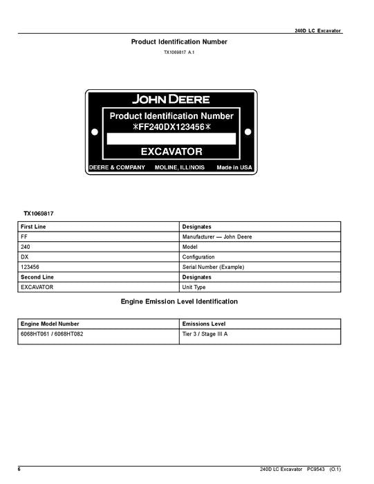 JOHN DEERE 240DLCR EXCAVATOR PARTS CATALOG MANUAL