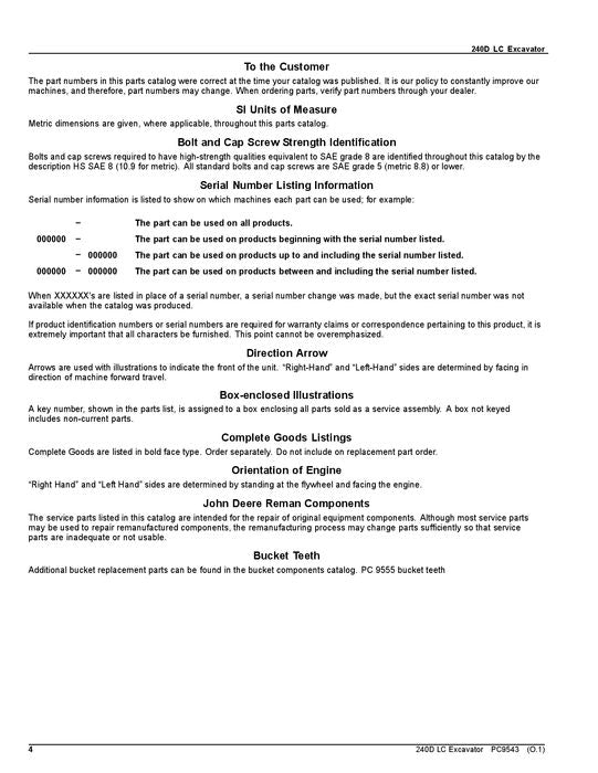 JOHN DEERE 240DLCR EXCAVATOR PARTS CATALOG MANUAL