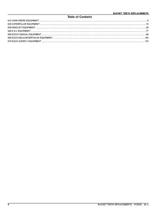 JOHN DEERE BUCKET TEETH REPLACEMENT EXCAVATOR  PARTS CATALOG MANUAL