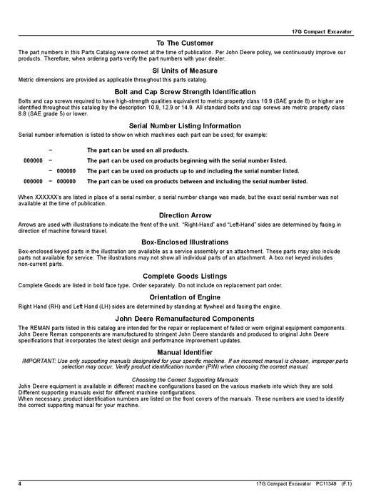 JOHN DEERE 17G  EXCAVATOR PARTS CATALOG MANUAL