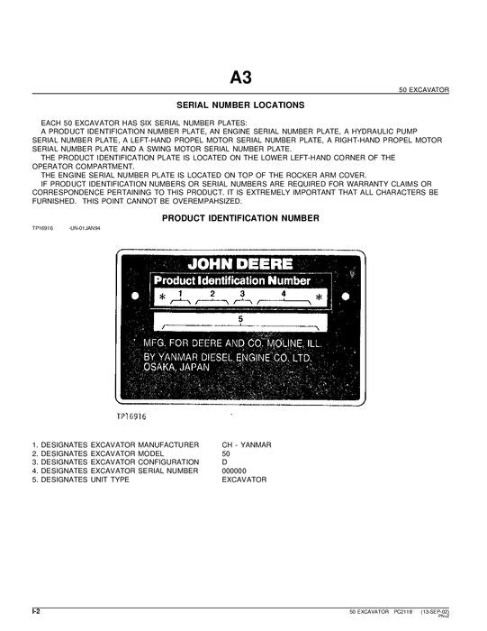 JOHN DEERE 50 EXCAVATOR  PARTS CATALOG MANUAL