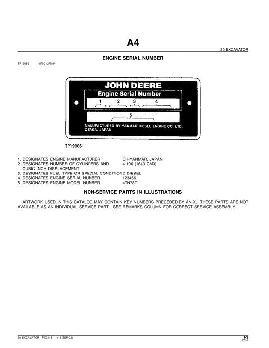 JOHN DEERE 50 EXCAVATOR PARTS CATALOG MANUAL