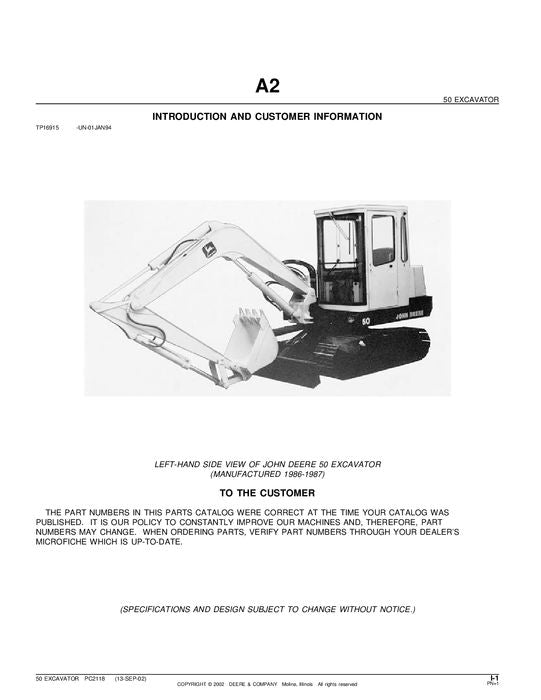 JOHN DEERE 50 EXCAVATOR PARTS CATALOG MANUAL