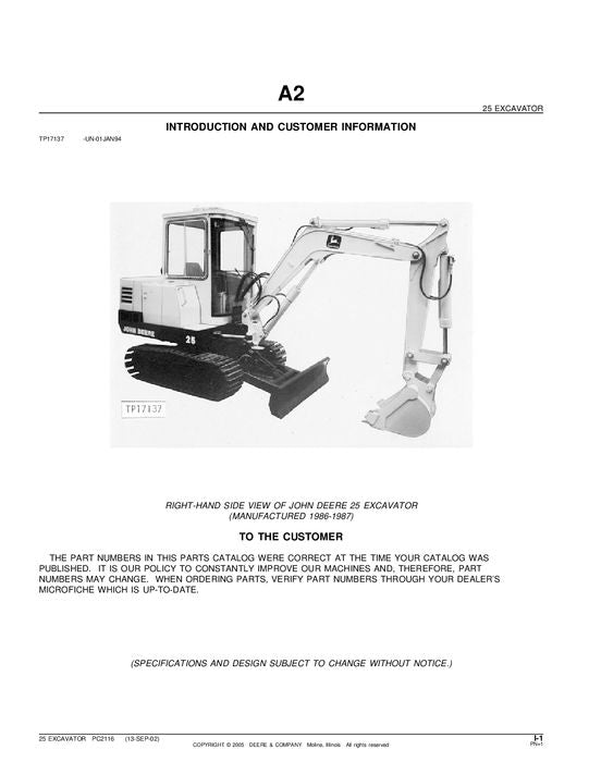 JOHN DEERE 25 EXCAVATOR PARTS CATALOG MANUAL