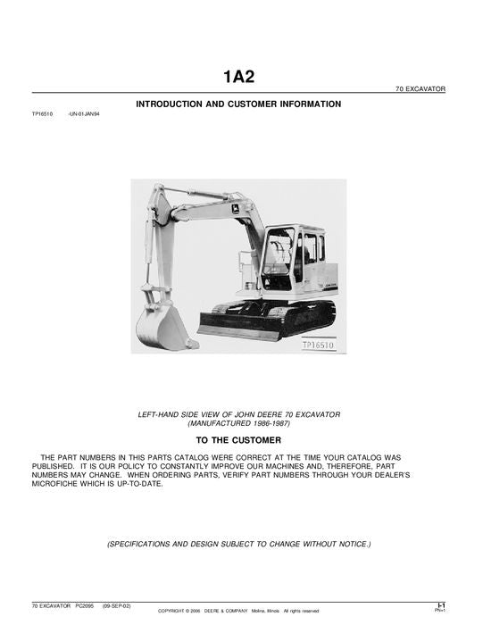 JOHN DEERE 70 EXCAVATOR PARTS CATALOG MANUAL