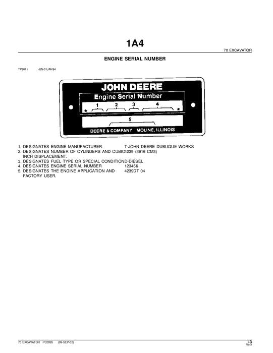 JOHN DEERE 70 EXCAVATOR PARTS CATALOG MANUAL