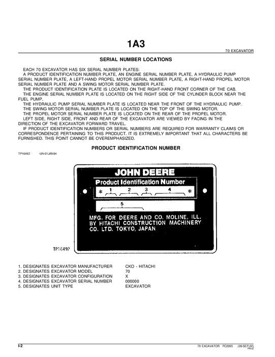 JOHN DEERE 70 EXCAVATOR PARTS CATALOG MANUAL