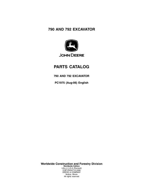 JOHN DEERE 790 792 EXCAVATOR PARTS CATALOG MANUAL