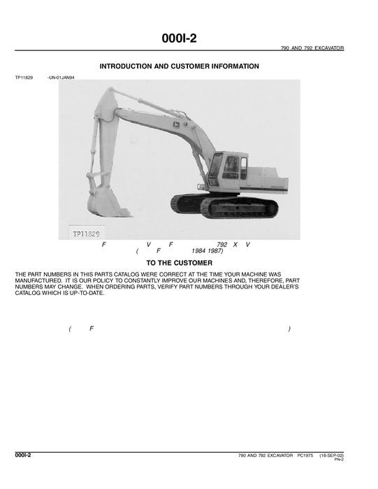 JOHN DEERE 790 792 EXCAVATOR PARTS CATALOG MANUAL