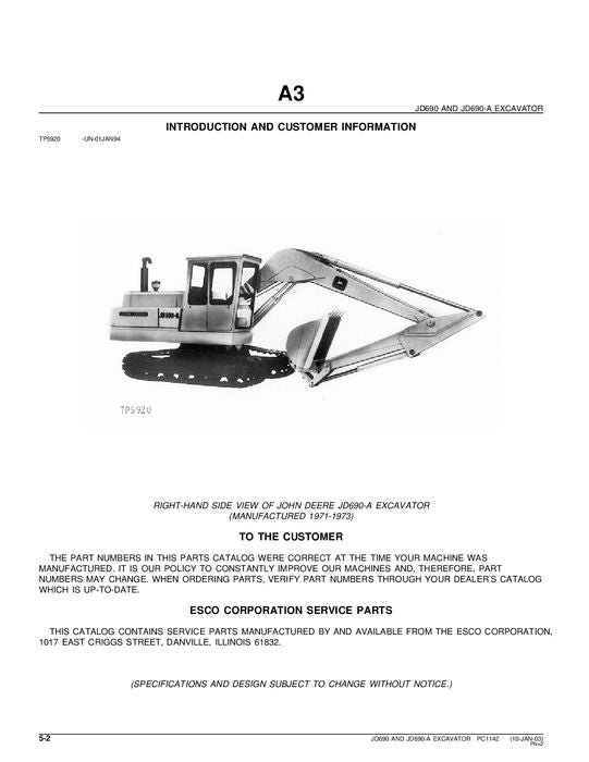 JOHN DEERE 690A BAGGER-ERSATZTEILKATALOGHANDBUCH