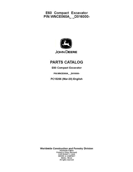 JOHN DEERE E60  EXCAVATOR  PARTS CATALOG MANUAL