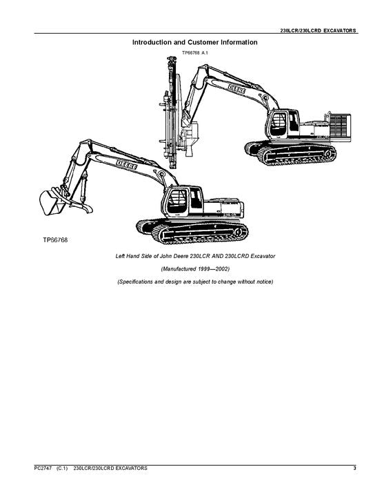 MANUEL DU CATALOGUE DES PIÈCES DÉTACHÉES POUR EXCAVATRICES JOHN DEERE 230 230LCR 230LCRD